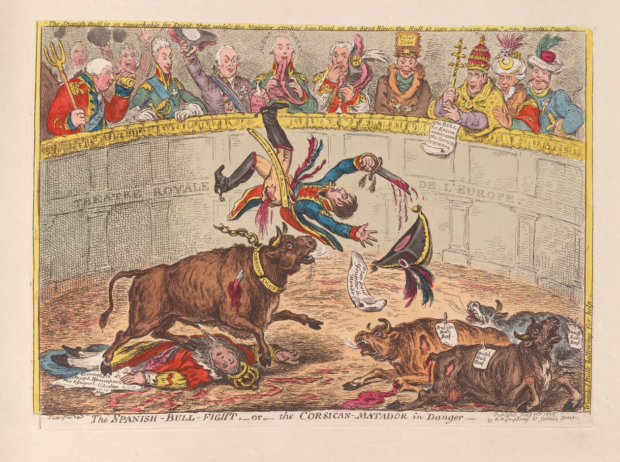 Španělský býčí zápas aneb korsický matador v nebezpečí, vyd. 1805 (ručně kolorovaná rytina) od James Gillray