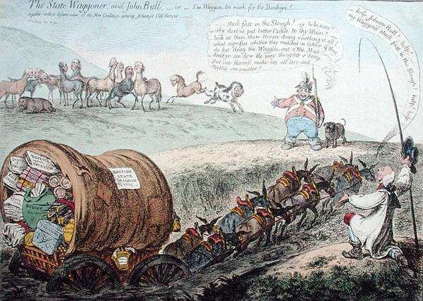 State Wagoner a John Bull, nebo The Waggon příliš mnoho pro osly! vydal Hannah Humphrey v roce 1804 (ručně kolorovaný lept) od James Gillray