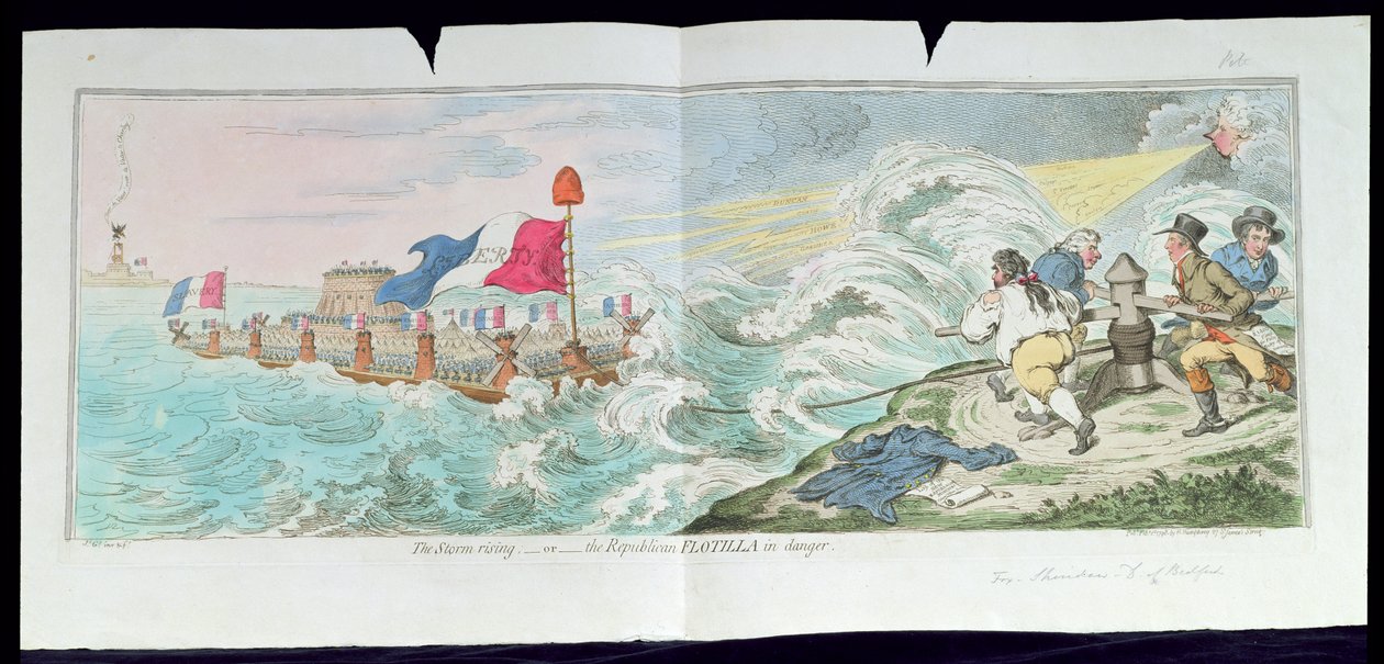 The Storm Rising, or The Republican Flotilla in danger, vydala Hannah Humphrey v roce 1798 (ručně kolorovaný lept) od James Gillray