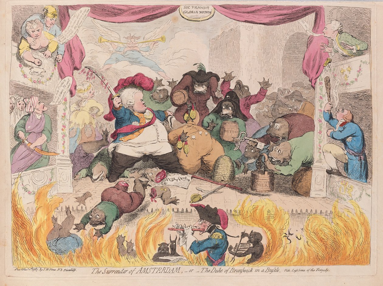 The Surrender of Amsterdam aneb The Duke of Brunswick in a Ruch, pub. 1787 (ručně kolorovaná rytina) od James Gillray