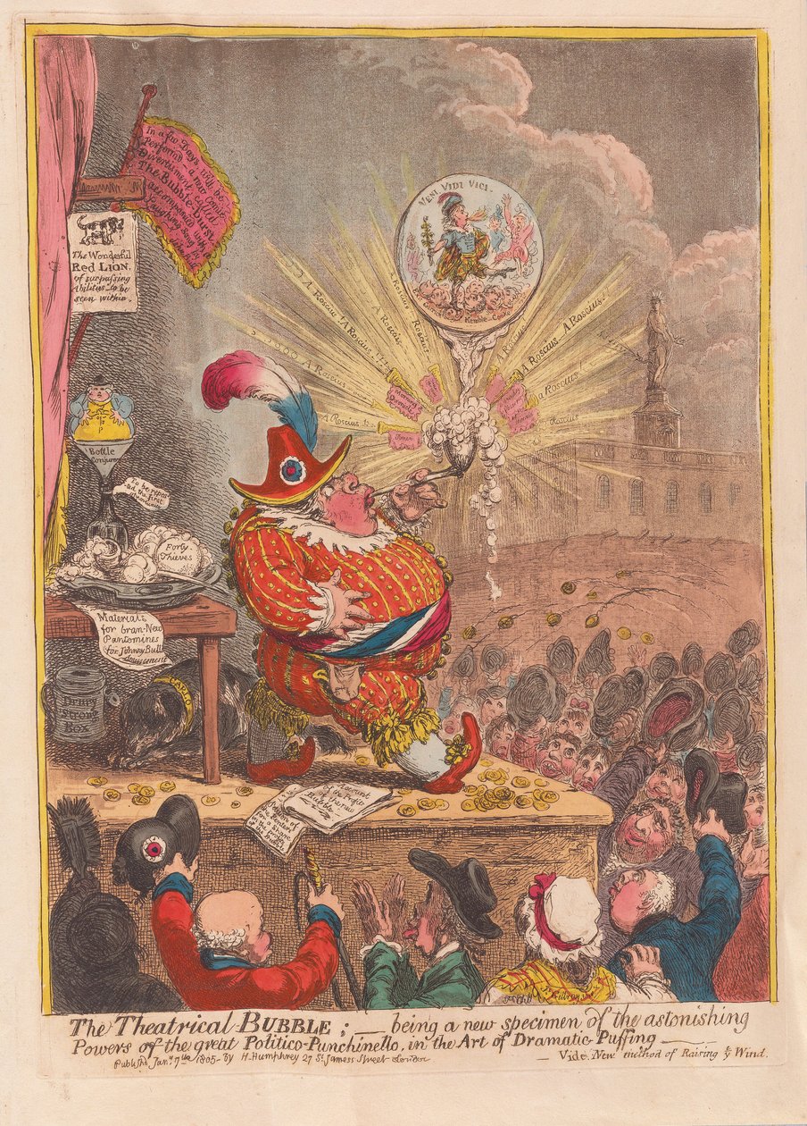 Divadelní bublina: být novým exemplářem úžasných sil velkého Politico-Punchinella v umění dramatického nafukování, hospoda. 1805 (ručně kolorovaná rytina) od James Gillray