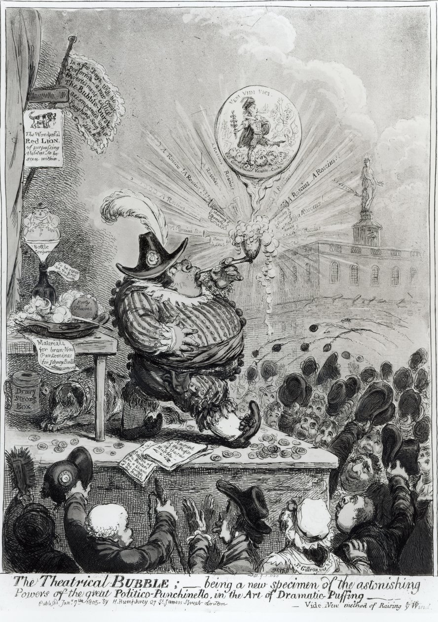 Theatrical Bubble... vydala Hannah Humphrey (fl.1778-1822) 1805 (lept a akvatinta) od James Gillray