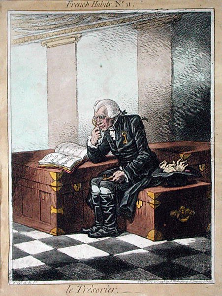 Pokladník, deska 11 z knihy "Francouzské zvyky" vydané Hannah Humphreyovou v roce 1798 (kolorovaný lept) od James Gillray