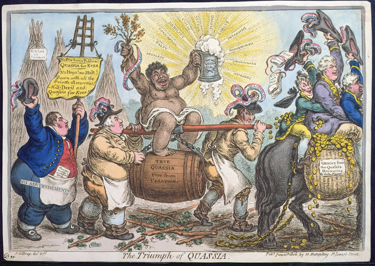 Triumph of Quassia, publikoval Hannah Humphrey v roce 1806 (ručně kolorovaný lept) od James Gillray
