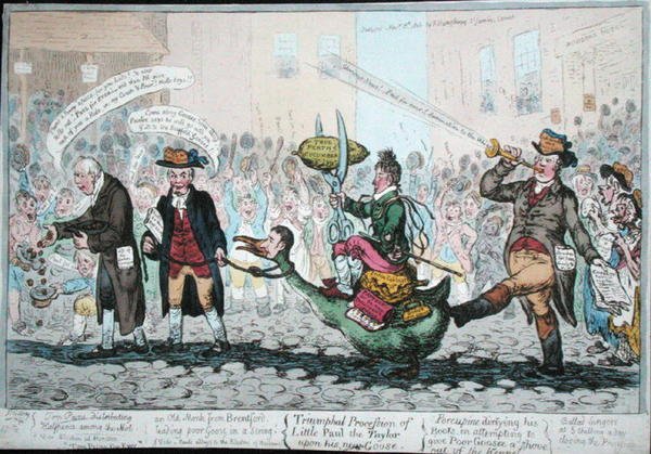 Triumfální průvod malého Paula Taylora na jeho nové huse, vydaný v roce 1806 (ručně kolorovaný lept) od James Gillray