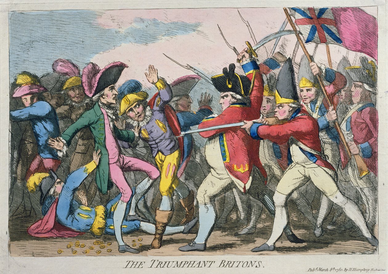 The Triumphant Britons, vydané Hannah Humphrey v roce 1780 (ručně kolorovaný lept) od James Gillray