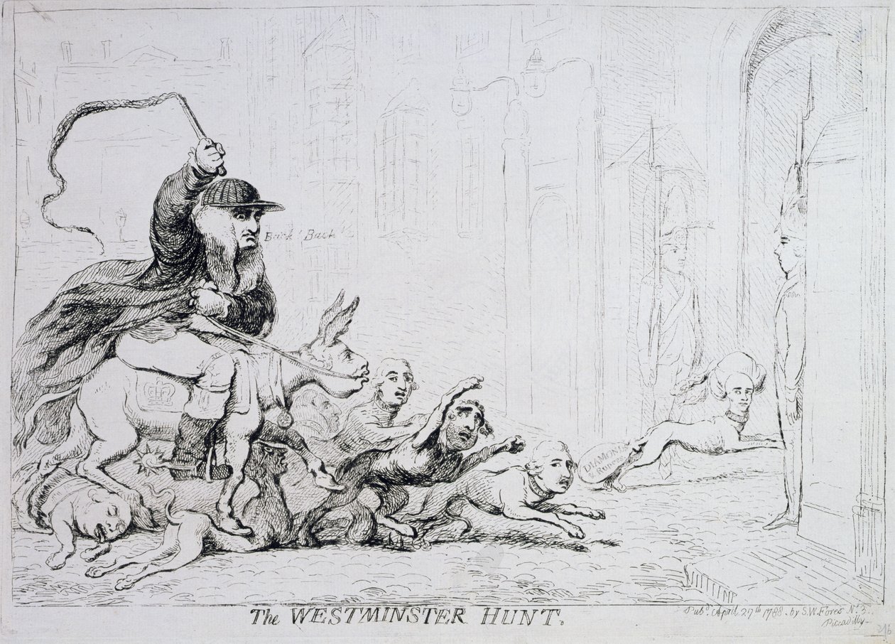 Westminsterský lov, vydaný v roce 1788 (ručně kolorovaný lept) od James Gillray