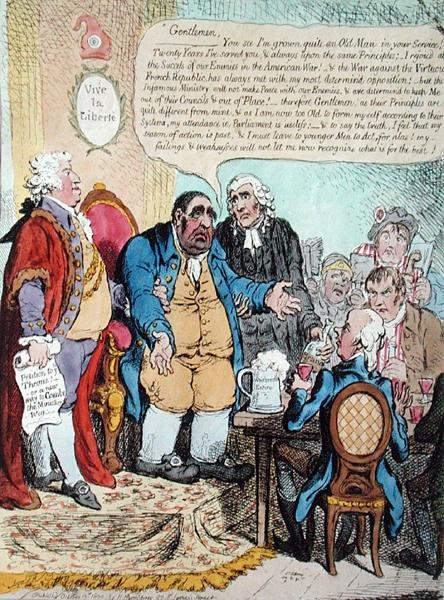 Opotřebovaný patriot aneb Poslední umírající projev představitele Westminsteru na výročním setkání 10. října 1800, konaném v Shakespearově krčmě, vydal Hannah Humphrey v roce 1800 (ručně kolorovaný lept) od James Gillray