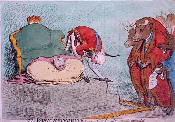 The York Reverence, neboli City Loyalty, bohatě odměněn, publikovala Hannah Humphrey v roce 1791 (ručně kolorovaný lept) od James Gillray