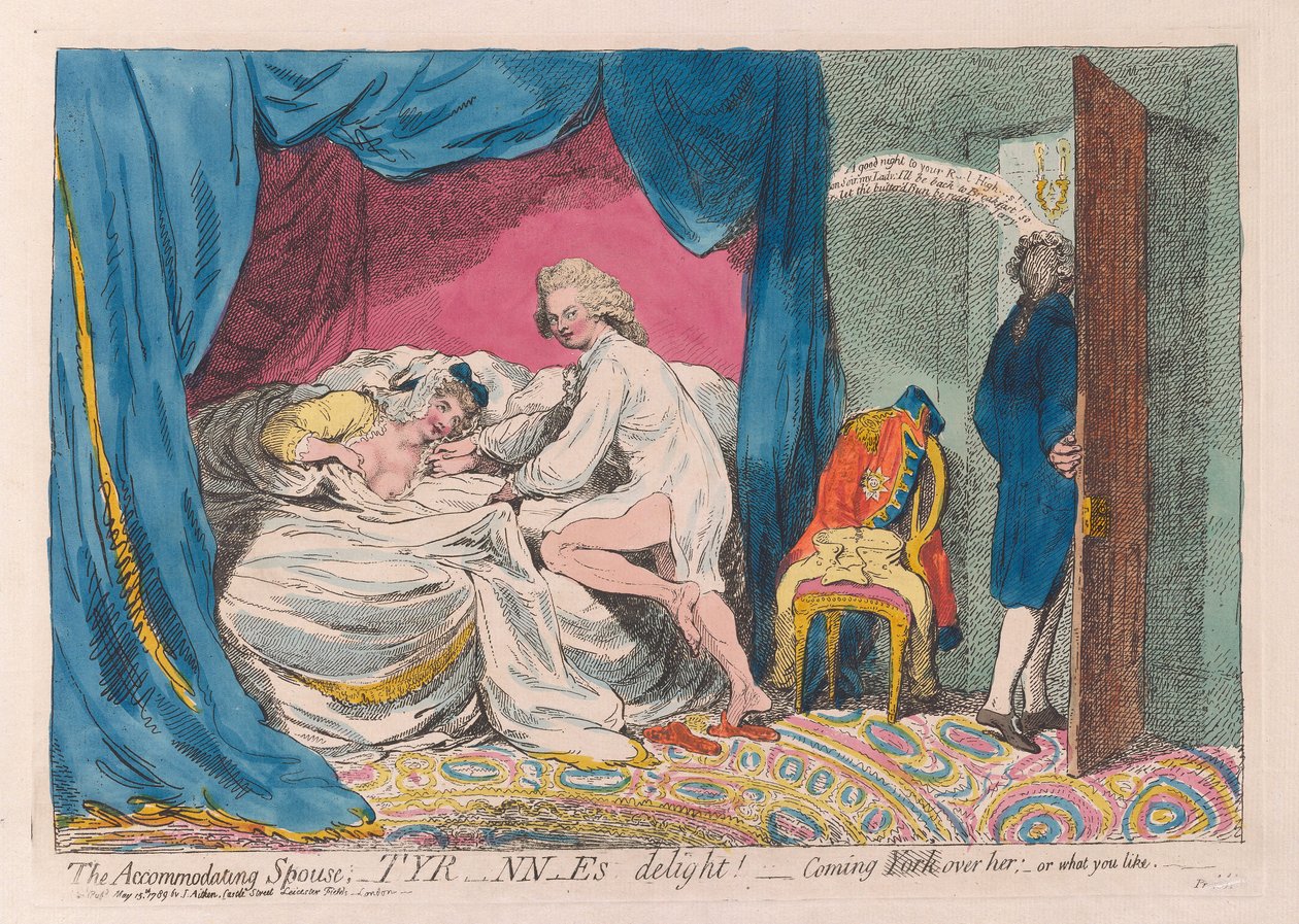 ubytovaný manžel; Tyrannova radost! - přichází přes ni York; - nebo co máš rád, hospoda. 1789 (ručně kolorovaná rytina) od James Gillray