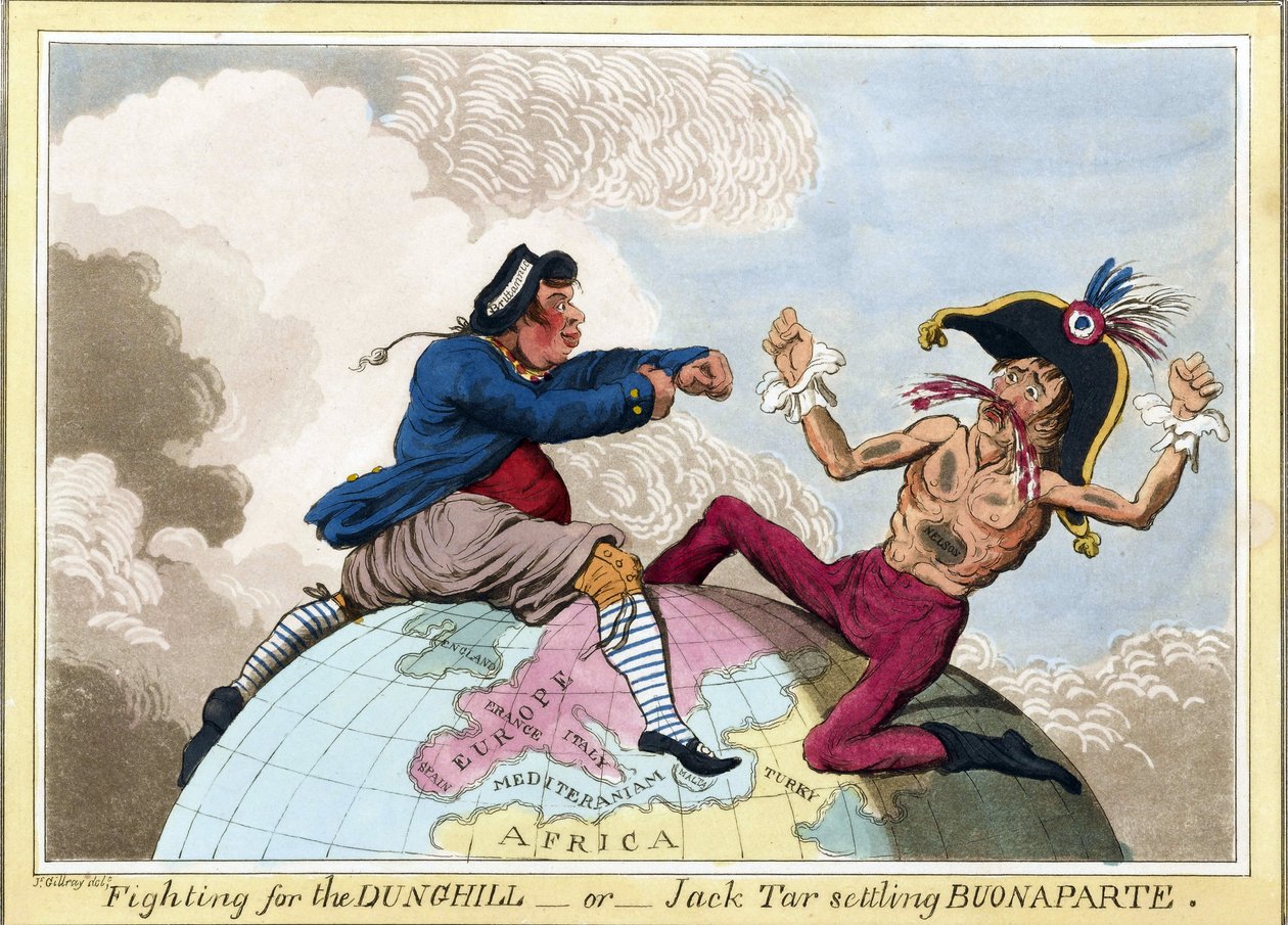 Boj o Dunghills nebo Jack Tar (představující muže britského námořnictva) proti Napoleonovi Bonapartovi (1769-1821) od James Gillray