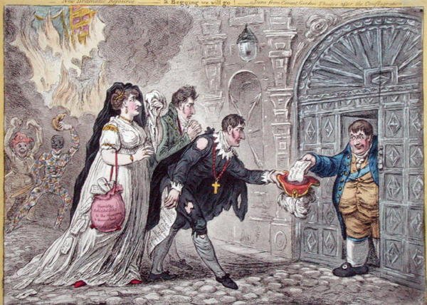 Theatrical Mendicants reliefed, publikovala Hannah Humphrey v roce 1809 (ručně kolorovaný lept) od James Gillray