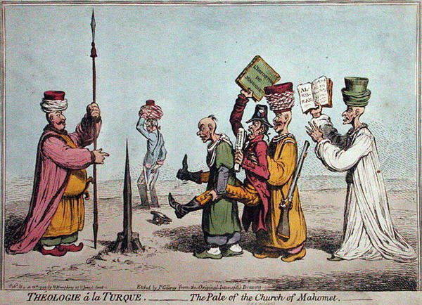 Theologie a la Turque, Bledost církve Mahomet, publikovala Hannah Humphrey v roce 1799 (ručně kolorovaný lept) od James Gillray