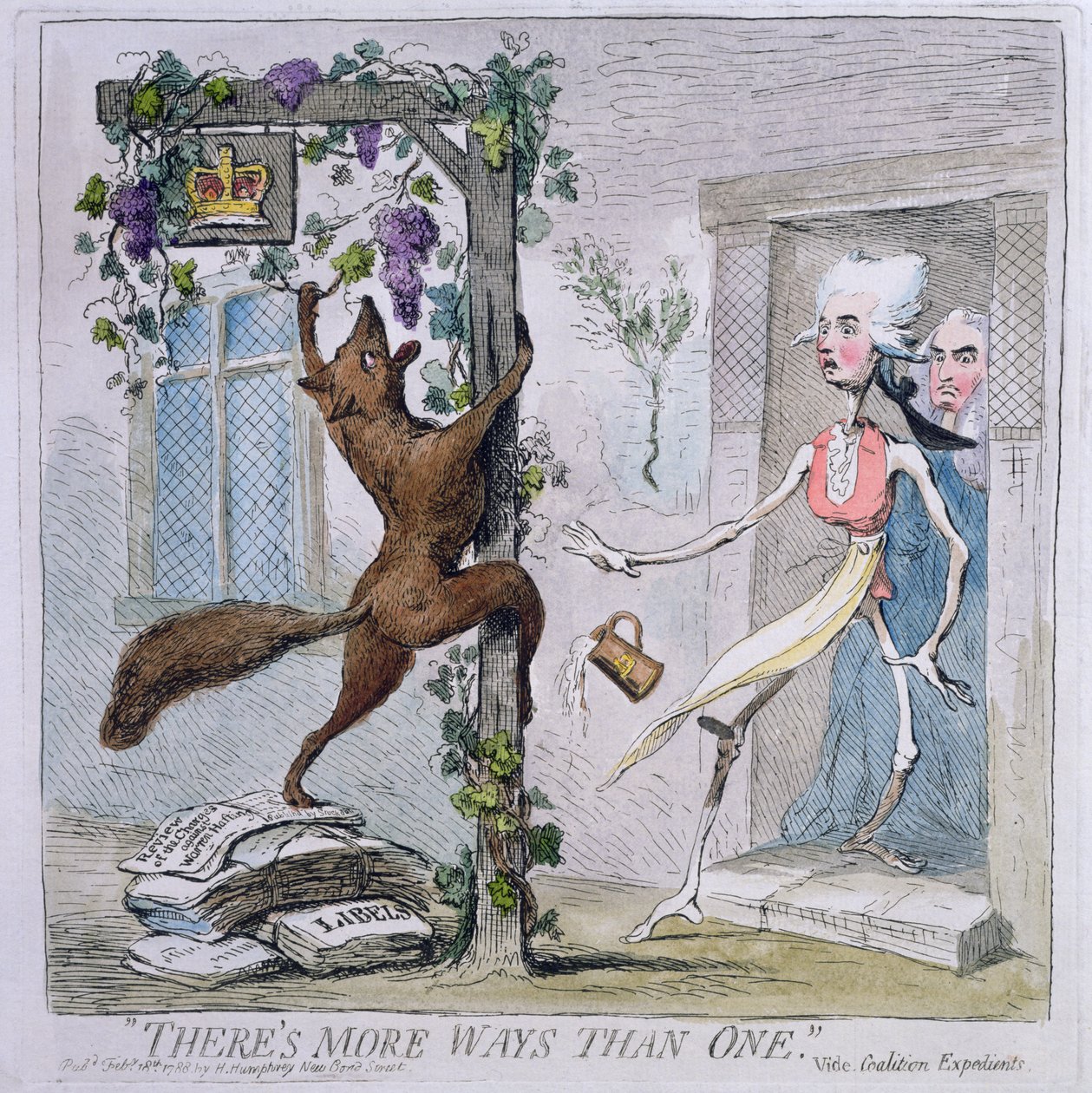 „Existuje více způsobů než jeden“ nebo Coalition Účelové, vydané Hannah Humphrey v roce 1788 (ručně kolorovaný lept) od James Gillray
