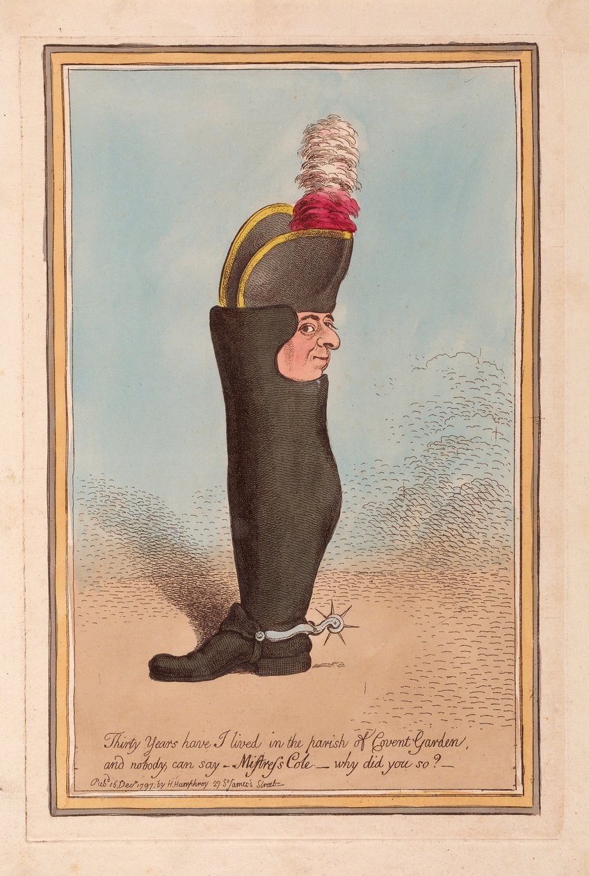 Třicet let žiju ve farnosti Covent Garden a nikdo nemůže říct- Paní Coleová, proč jste to udělala?, hospoda. 1797 (ručně kolorovaná rytina) od James Gillray