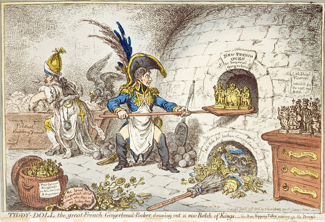 „Tiddy-Doll, velký francouzský perníkář, kreslí novou várku králů. His Man, Hopping Talley, Mixing Up the Dough