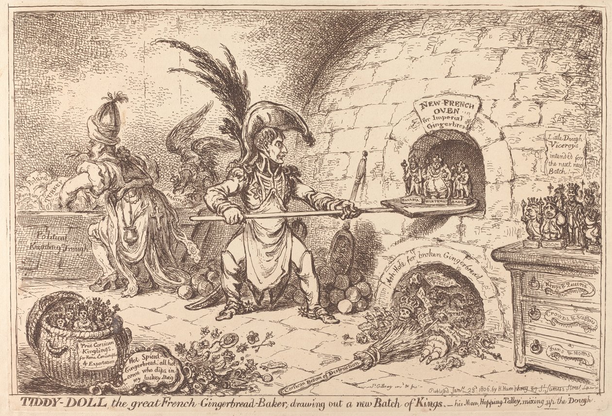 Tiddy-Doll, skvělá pekařka perníčků, připravuje novou várku králů od James Gillray