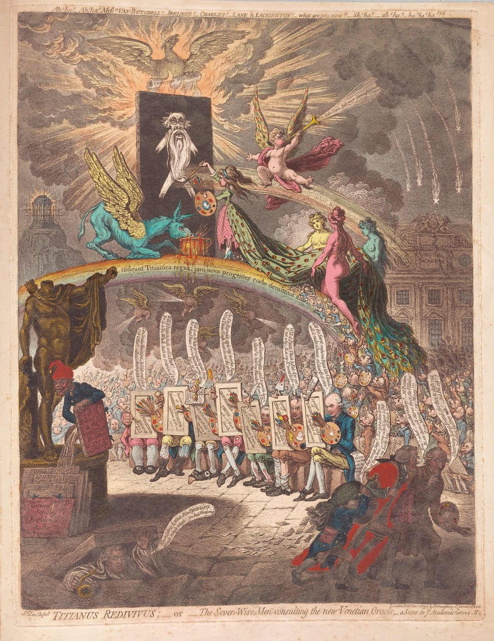 Titianus Redivivus aneb Sedm mudrců konzultujících nový Venetian Oracle, scéna v Academic Grove No.1, pub. 1797 (ručně kolorovaná rytina) od James Gillray
