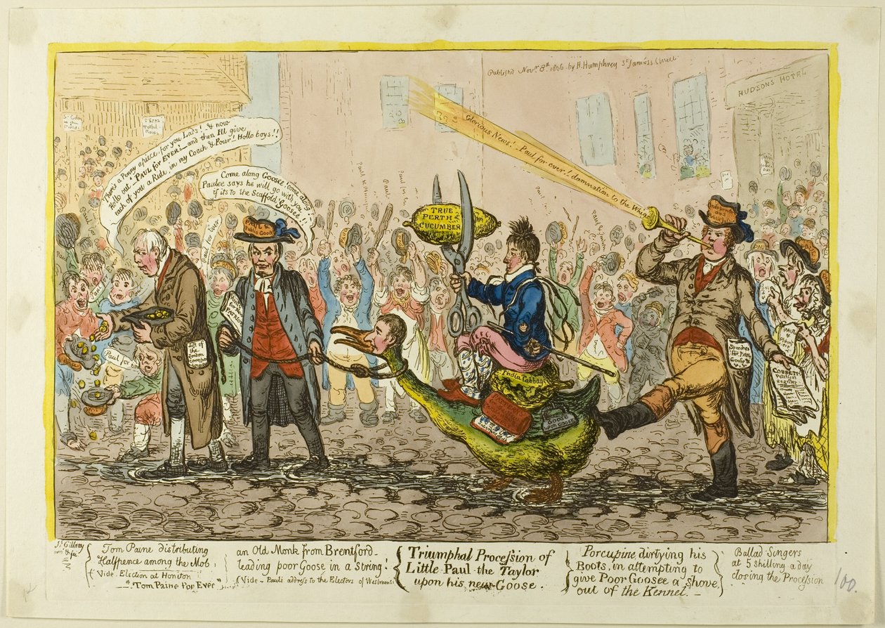 Triumfální průvod malého Pavla Taylora na jeho nové huse od James Gillray