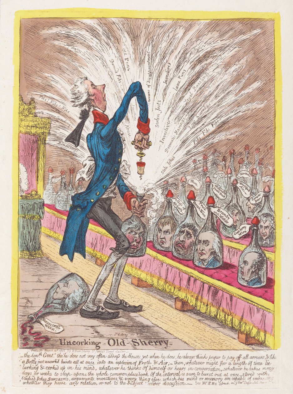 Odvíčkování Old Sherry, hospoda. 1805 (ručně kolorovaná rytina) od James Gillray