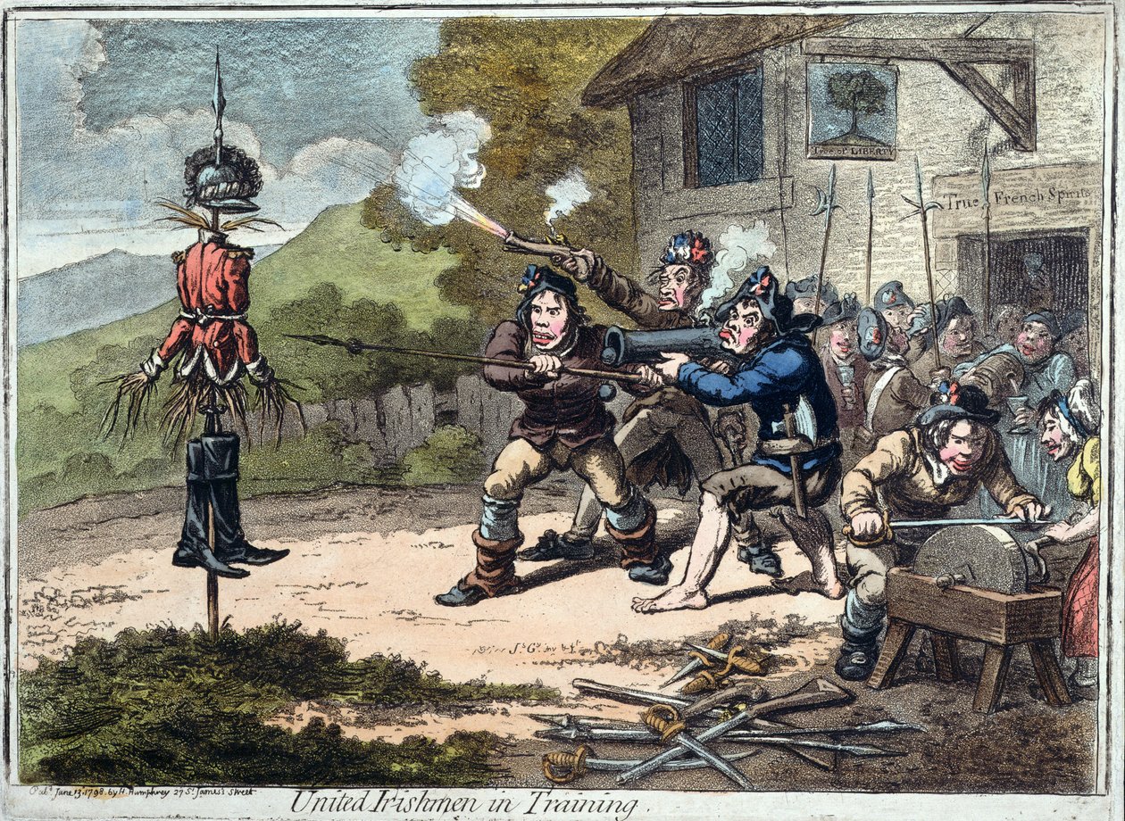 United Irishmen in Training, publikoval Hannah Humphrey, 1798 (akvatinta) od James Gillray