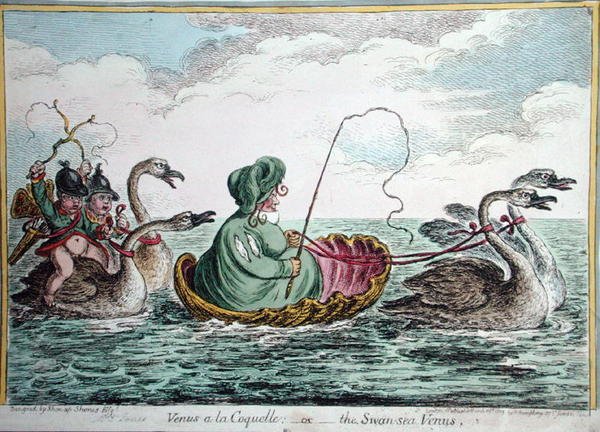 Venus a la Coquelle neboli The Swan Sea Venus, kterou vydala Hannah Humphrey v roce 1809 (ručně kolorovaný lept) od James Gillray