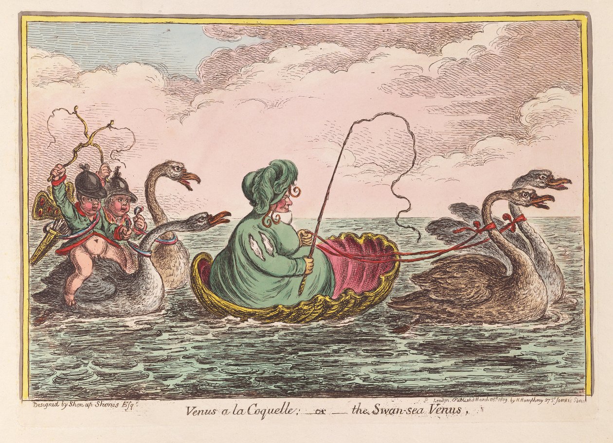 Venuše a la Coquelle; nebo Labutí moře Venuše, hospoda. 1809 (ručně kolorovaná rytina) od James Gillray