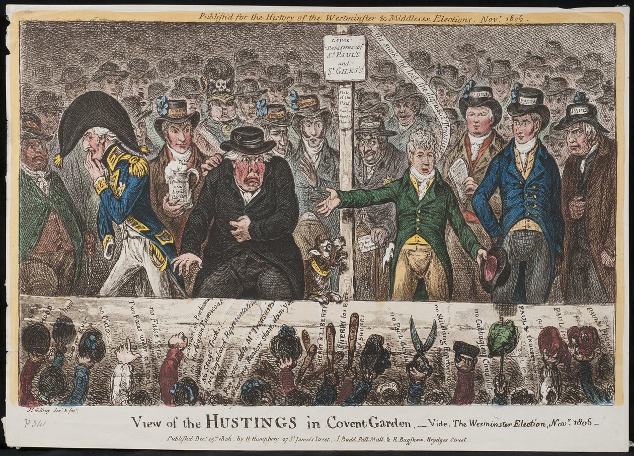 Pohled na Hustings v Covent Garden – Vide. Westminsterské volby, listopad 1806 od James Gillray