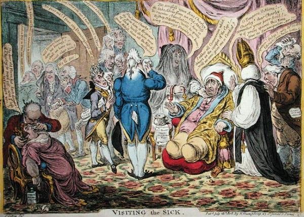 Visiting the Sick, vydané Hannah Humphrey v roce 1806 (ručně kolorovaný lept) od James Gillray