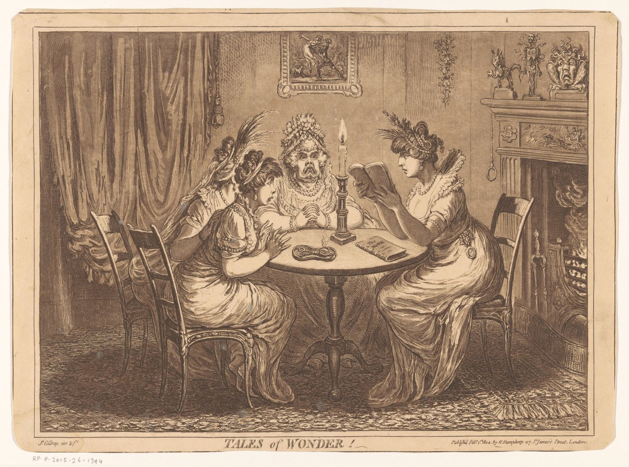Žena čte hororový román Tales of Wonder! (název na objektu) od James Gillray