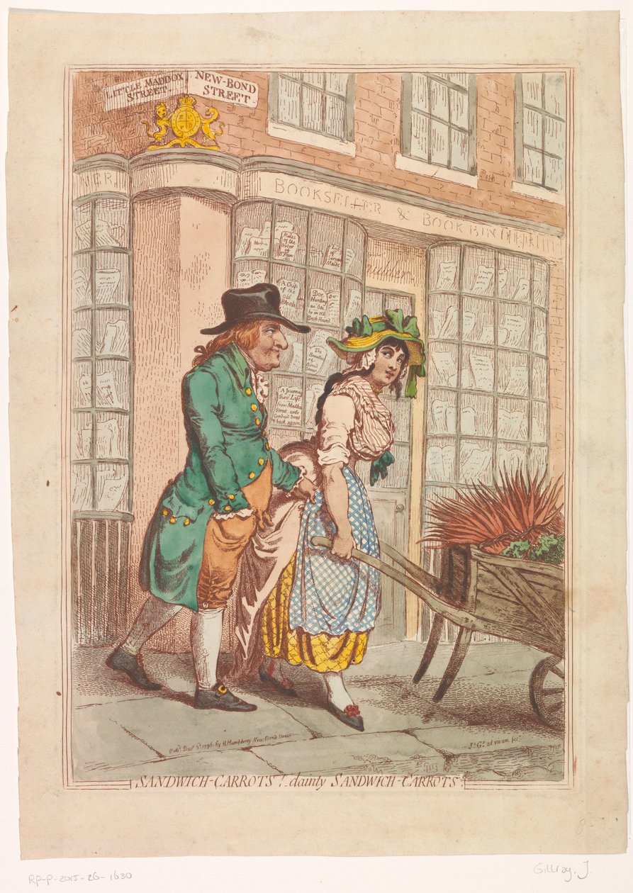 Žena s trakařem s kořeny před výlohou knihkupce Roberta Fauldera v Londýně Sendvičová mrkev! lahodný sendvič-mrkev (název na objektu) od James Gillray