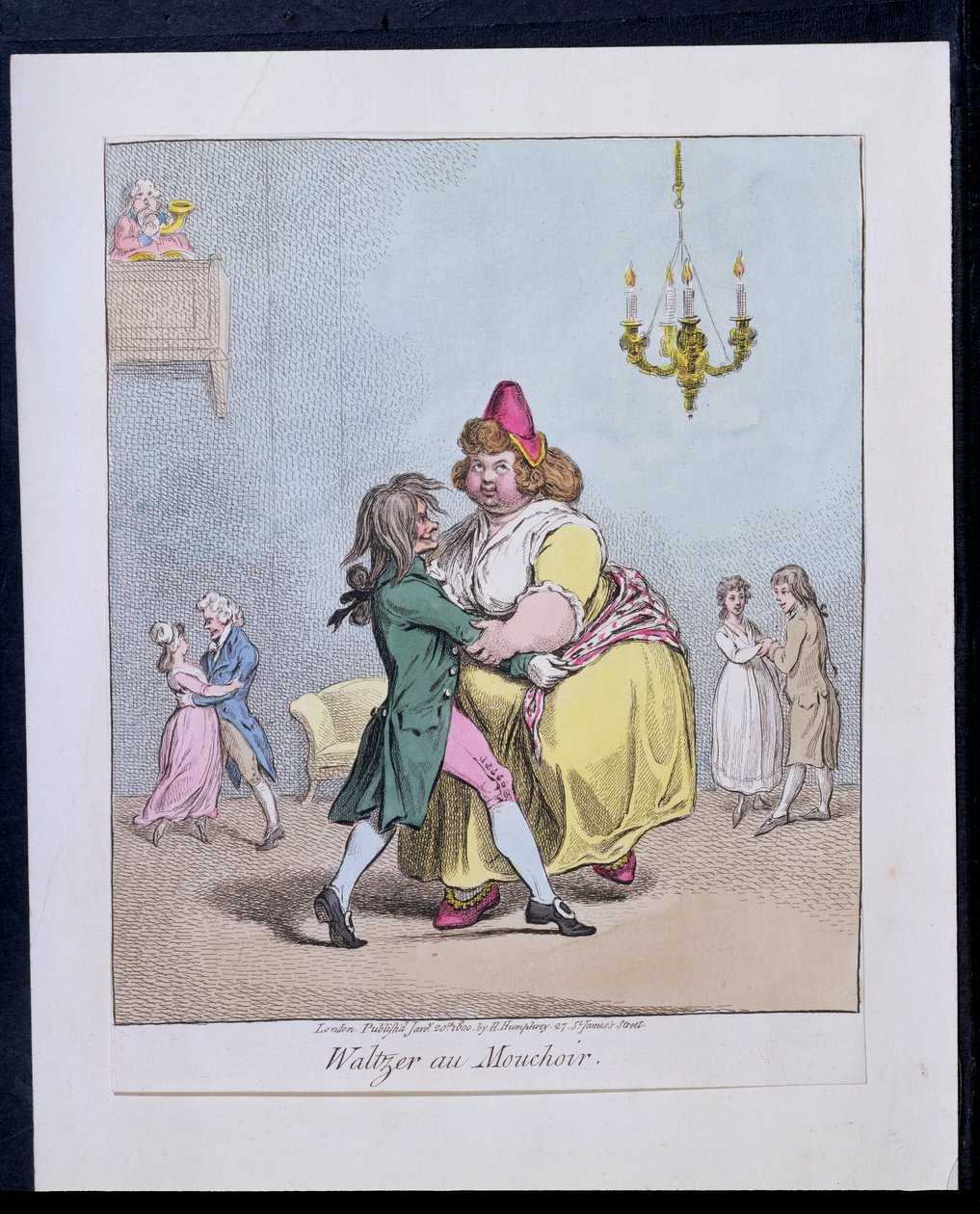 Waltzer au Mouchoir, vydal Hannah Humphrey v roce 1800 (ručně kolorovaný lept) od James Gillray