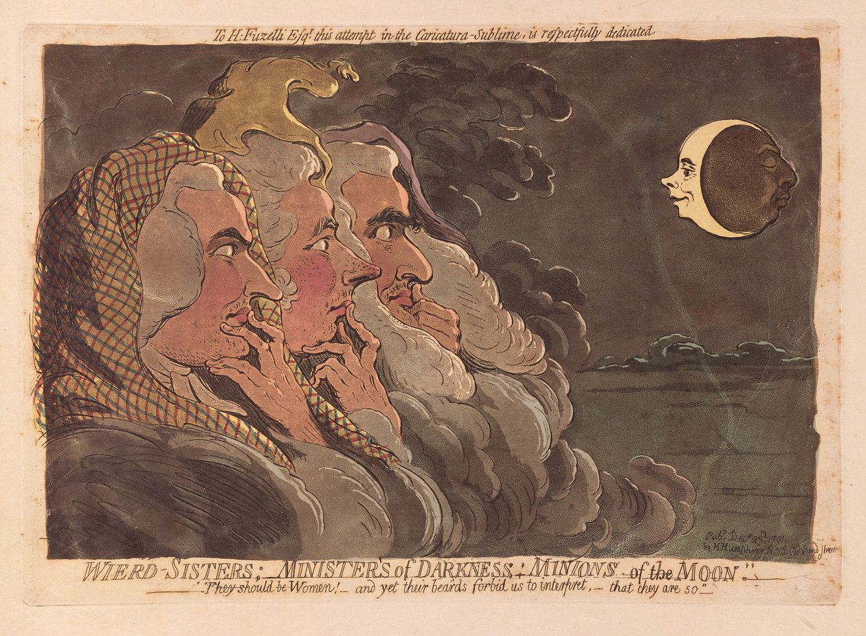 Weird Sisters: Ministry of Darkness: Minions of the Moon, hospoda. 1791 (ručně kolorovaná rytina) od James Gillray