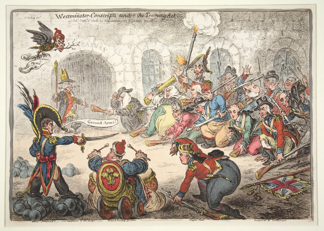 Westminster-Conscripts podle zákona o výcviku, 1806 (ručně kolorovaná rytina) od James Gillray