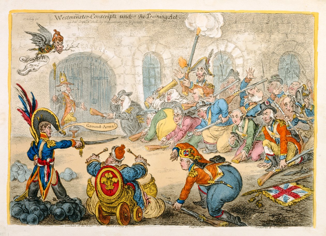 Westminster Conscripts under Training Act, vydané Hannah Humphrey v roce 1806 (ručně kolorovaný lept) od James Gillray
