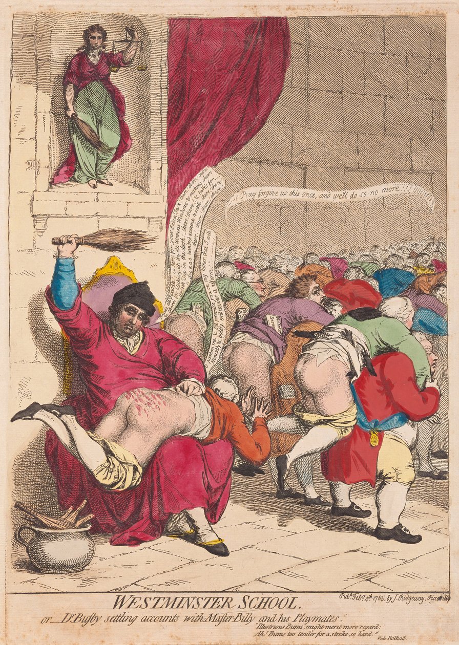 Westminsterská škola nebo Dr Busby vyřizování účtů s mistrem Billym a jeho spoluhráči, hospoda. 1785 (ručně kolorovaná rytina) od James Gillray