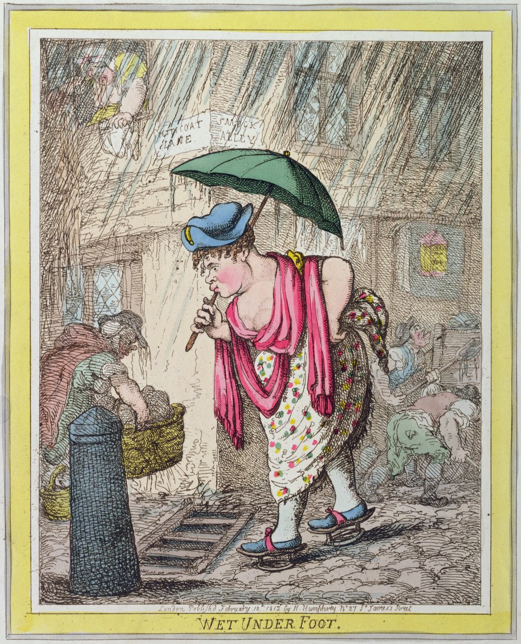 Wet Under Foot, vydané Hannah Humphrey v roce 1812 (ručně kolorovaný lept) od James Gillray