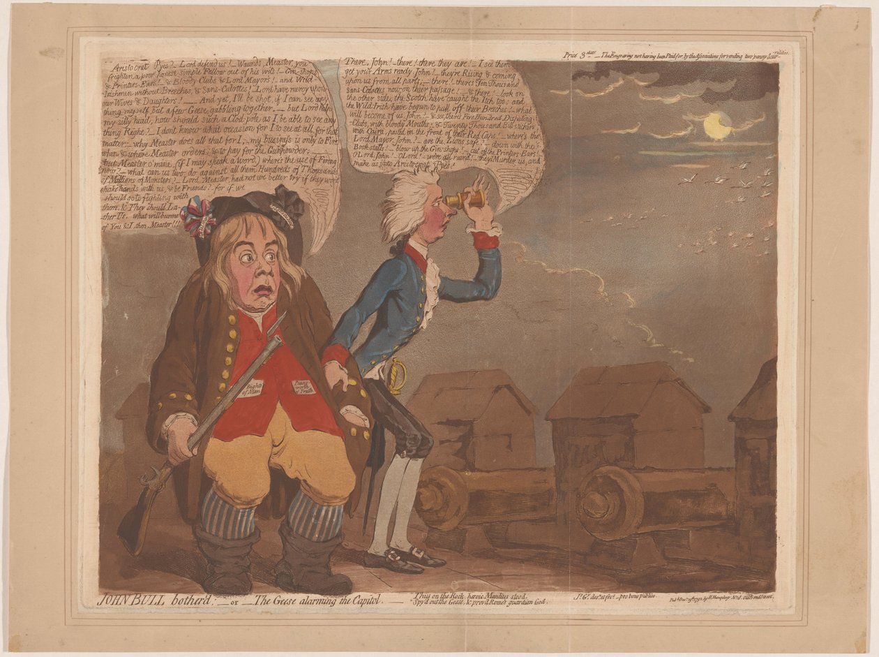 William Pitt a John Bull se bojí invaze John Bull se obtěžoval: - nebo - husy straší Kapitol (název na předmětu) od James Gillray