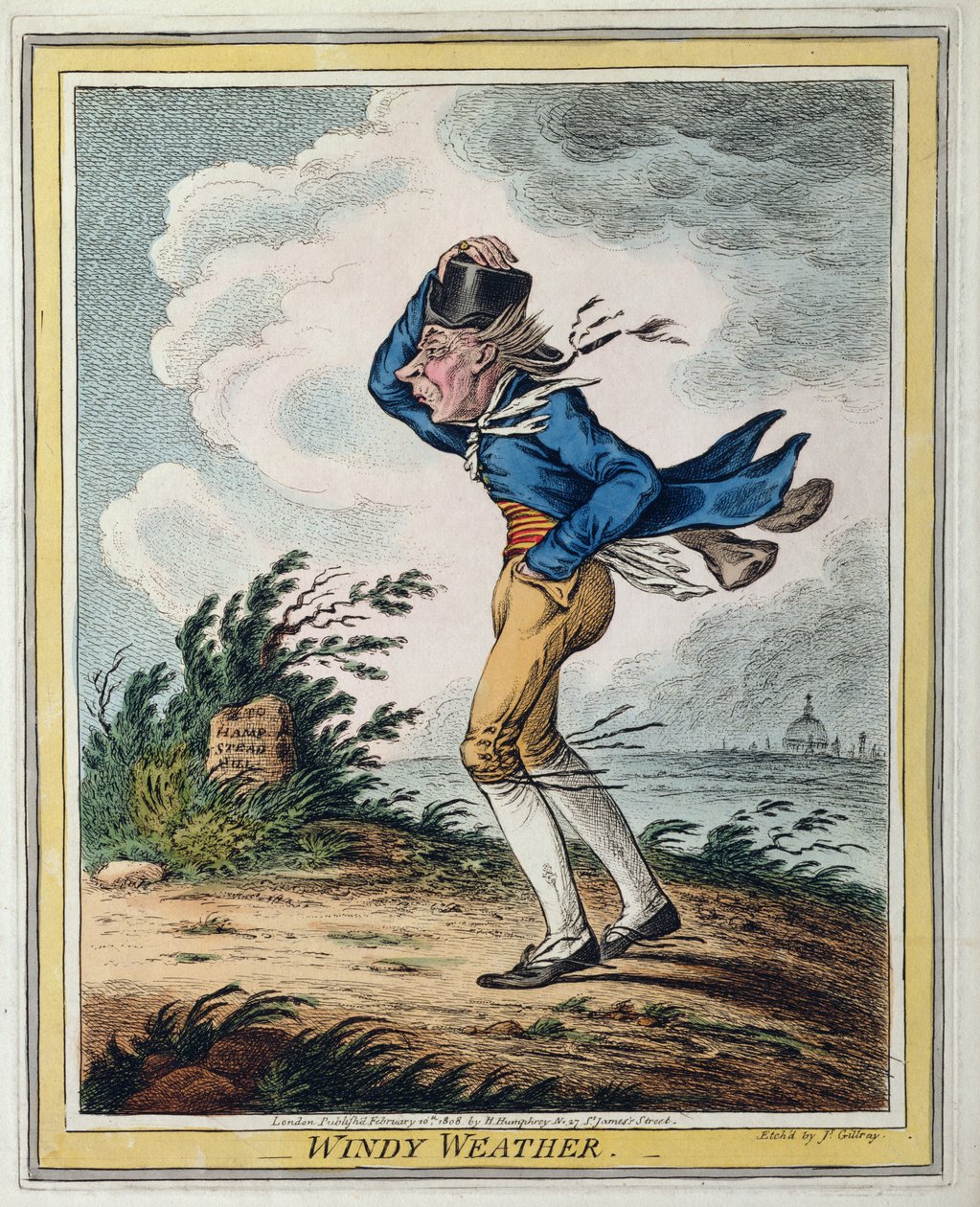 Windy Weather, vydané Hannah Humphrey v roce 1808 (ručně kolorovaný lept) od James Gillray