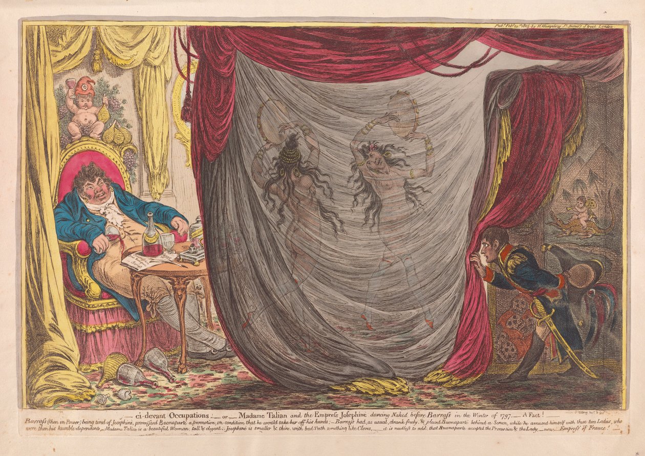 __ ci devant Occupations aneb Madam Talian a císařovna Josephine Tančí nahá před Barrassem v zimě roku 1797 - fakt!, pub. 1805 (ručně kolorovaná rytina) od James Gillray