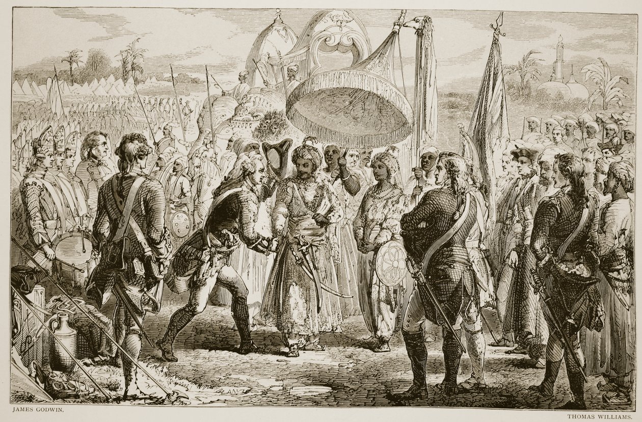 Setkání lorda Cliva s Meerem Jaffierem po bitvě u Plassey, vyryto Thomasem Williamsem od James Godwin