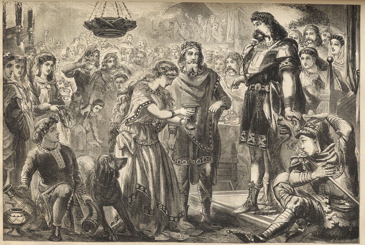 Vortigern (Gwrtheyrn) (5. století) král Bretonců a Rowena - Rowena, dcera Hengista, nabízí víno Vortigernovi, kmenovému králi Britů - Vortigern, král Británie, zamilovaný do Roweny na banketu Hengista, saského generála - rytina od James Godwin