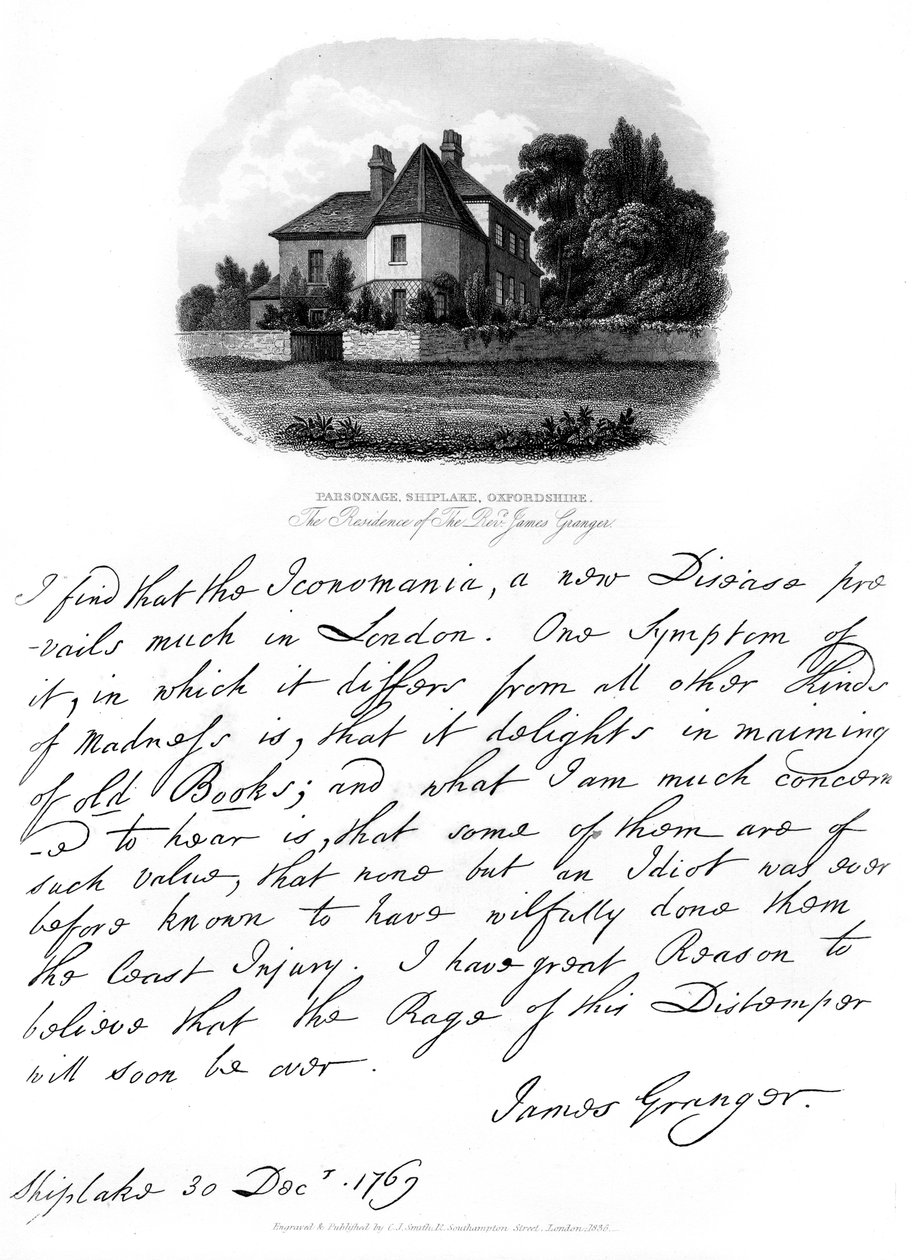 Dopis od reverenda Jamese Grangera a pohled na jeho rezidenci na Shiplake, 1769, 1840 od James Granger