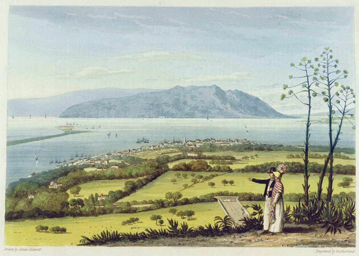 Kingston a Port Royal z Windsor Farm, z knihy "A Pictureseque Tour of the Island of Jamaica", vyryl Thomas Sutherland, 1825 od James Hakewill