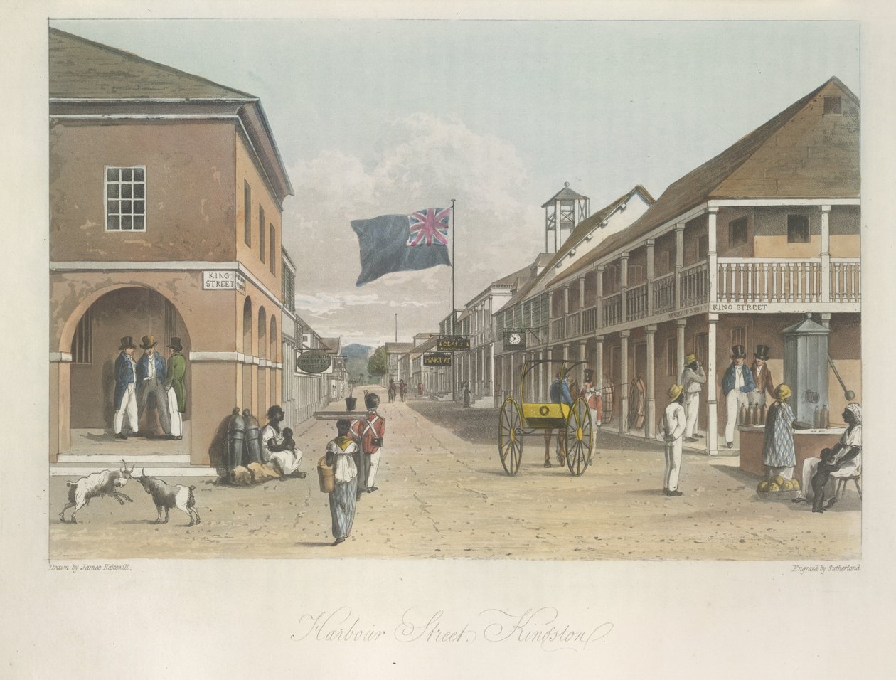 Pohled na Harbour Street, Kingston (při pohledu na východ) z malebné cesty na ostrově Jamajka z kreseb vytvořených v letech 1820 a 1821. od James Hakewill