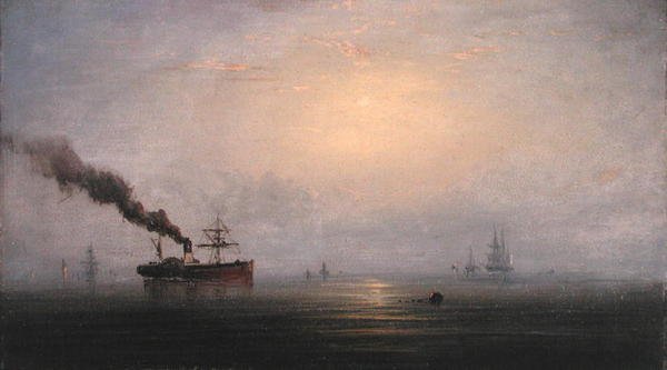 Mlhavé ráno na Temži, kolem roku 1874 (olej na dřevě) od James Hamilton