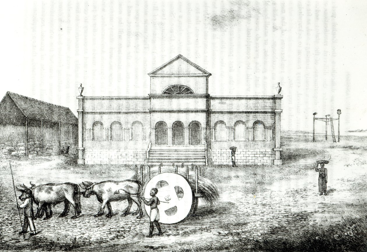 Burza Rio, veřejná hrazda, vůz na trávu a šibenice, ilustrace z „Dějiny Brazílie“ od Jamese Hendersona, vydané v Londýně v roce 1821 od James Henderson