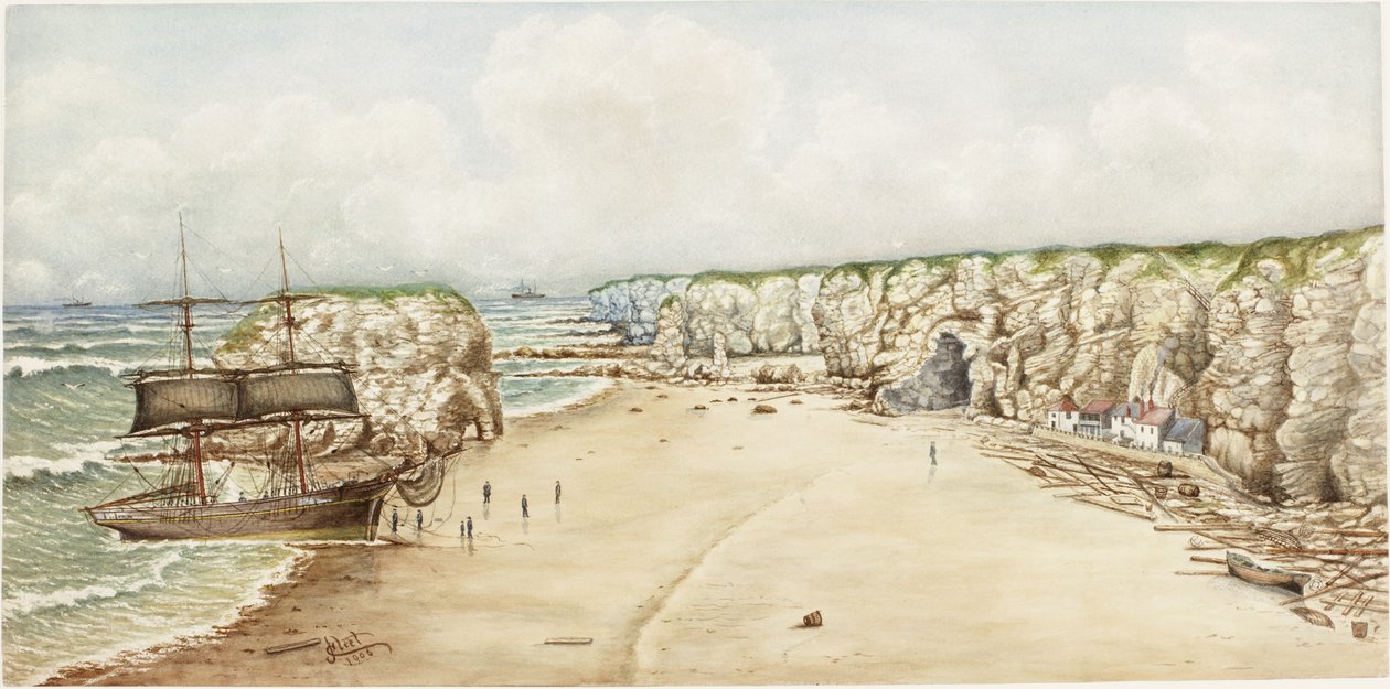 Brig na mělčinu v Marsden Rock (akvarel, tělová barva a tužka na papíře na kartičce)) od James Henry Cleet