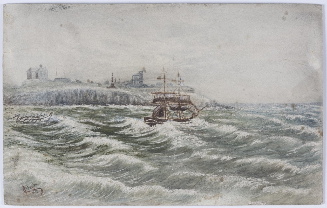 Stranding of the Belly of Littlehampton a Loss of the Life Boat Crew of the Tyne (akvarel, barva těla a škrábání na papíře) od James Henry Cleet