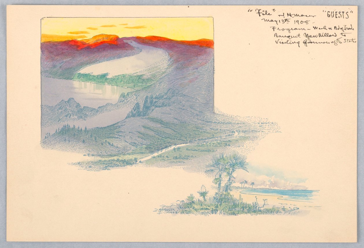 Three Landscapes, Tištěný nátisk pro Design for Washington Board of Trade Dinner, 13. května 1908 od James Henry Moser